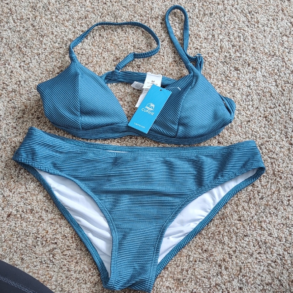 Cupshe Teal Ribbed Bikini Set Size M NWT